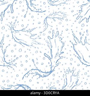 Vector blue water splash silhouettes with drops seamless pattern. Dynamic flowing water curves with bubbles line ink isolated illustration Stock Vector