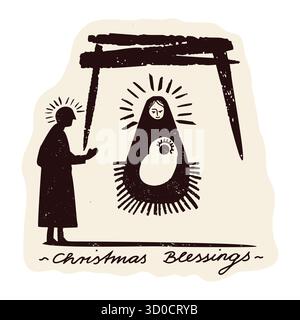 Hand drawn christmas blessings biblical holy family in manger nativity characters. Mary, Joseph and the baby Jesus christ child born in crib. Isolated Stock Vector