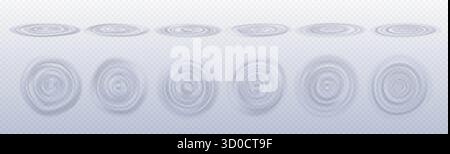 Water drop sound ripples collection with concentric circular waves on transparent liquid surface. Acoustic vibration effects and fluid dynamics top and side view for science or meditation visuals. Stock Vector