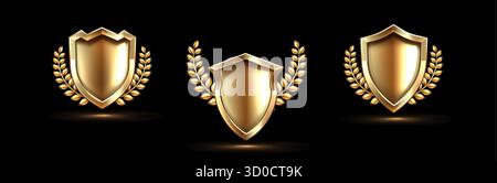 Golden shield emblems with laurel wreath decoration for premium awards and achievements. Metallic badges on black background with elegant glow effect. Trophy symbols or security icons for game design. Stock Vector