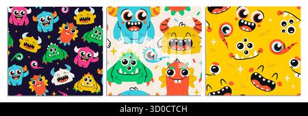 Set of seamless patterns with monsters. Repeating ornaments with adorable furry creatures, mascots and aliens. Design for childrens fabrics. Flat Stock Vector