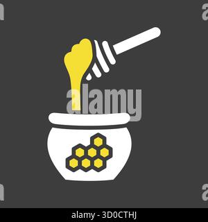 Vector silhouette on dark background of a pot of honey with a honey dipper, symbolizing organic food and sweetness. This icon is perfect for designs r Stock Vector