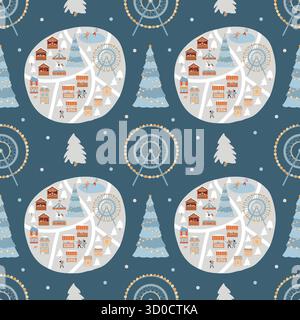 Seamless pattern with a winter amusement park on a dark blue background. Christmas market map, Christmas tree, winter town. Ferris wheel, carousel, Christmas market stalls, houses, ice rink, New Years people. Winter town scene in flat style. Christmas vector background. Stock Vector