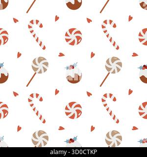 Seamless Christmas pattern with candies. Background with traditional winter sweets on a white background. Lollipops, caramels, candy canes, cakes, and hearts. Simple vector flat illustration. Stock Vector