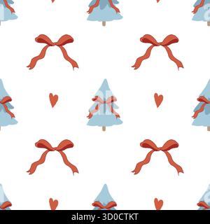 Seamless winter pattern with a cute Christmas tree, bows, and hearts. Festive retro vector background. Vector flat illustration with blue trees and red bows on a white background. Stock Vector