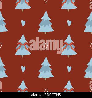 Seamless winter pattern with a cute Christmas tree, bows, and hearts. Festive retro vector background. Vector flat illustration with blue trees and red bows on a red background. Stock Vector