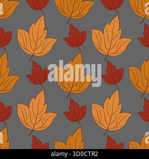 Seamless pattern with autumn fall leaves. Orange red leaves on gray background. Autumnal botany vector illustration. Symmetrically repeating pattern. Stock Vector