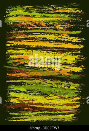 Autumn greeting card. Bright paint strokes on very dark green background. Random lines in autumn leaves colors. Abstract autumn background for your de Stock Vector
