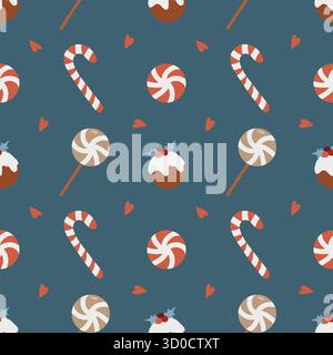 Seamless Christmas pattern with candies. Background with traditional winter sweets on a dark blue background. Lollipops, caramels, candy canes, cakes, and hearts. Simple vector flat illustration. Stock Vector