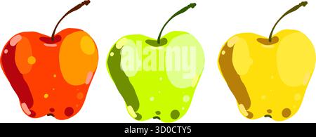 Vector illustration of three apples in red, green, and yellow colors. Hand drawn fresh fruits isolated on white background Stock Vector