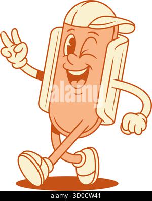 Funny teenager hot dog cartoon character walking contoured vector flat illustration. Happy smiling fast food with sausage and bread mascot going showi Stock Vector