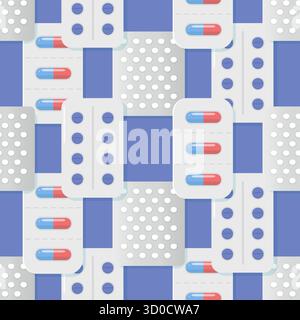 Medical background. Seamless pattern of tablets in a blister. Doctor Day. Healthcare, pharmaceuticals, and medicine design concept. Medical print for printing on textiles, wrappers, and packaging. Stock Vector