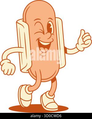 Funky hot dog cartoon character winked walking contoured vector flat illustration. Cheerful comic fast food with sausage and bread mascot having fun s Stock Vector