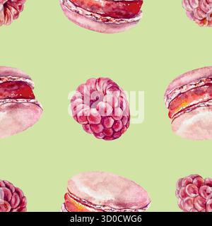 Raspberry and pink macaroon seamless pattern. Hand drawn watercolor illustration. Suitable for label design, wrapping paper, textiles and scrapbooking Stock Vector