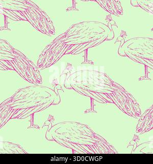 Seamless pattern with beautiful peacock male in engraving style. Vintage ink illustration for decor and textile. Stock Vector