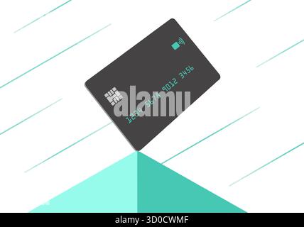 A modern dark grey credit card is seen atop a pyramid with a striped light green background in this 3-d illustration. Stock Vector