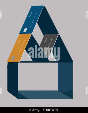 A house of cards is made of credit cards. This is a 3-d illustration about not relying on credit cards in the long term. Stock Vector