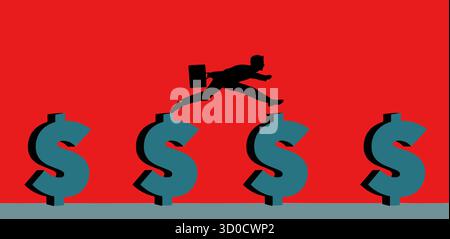 A businessman is chasing the moneu going from one job to another for higher pay. This is a 3-d illustration. Stock Vector