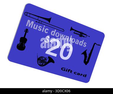 A music download gift card  for $20 is seen isolated on a white background. Stock Vector
