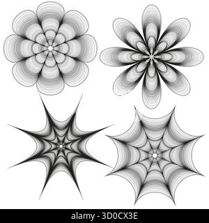 Floral geometric shapes. Intricate line patterns. Star burst elements. Vector monochrome ornament. EPS 10. Stock Vector