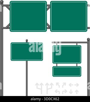 Green road signs set on transparent background. Vector modular highway and street signage icons for infographics, editorial design, and signage mockup Stock Vector