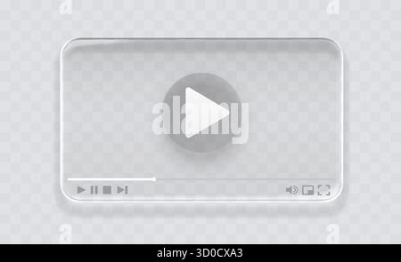 Modern glassmorphism video player interface. Clean transparent media player with play button and controls on a transparent background. Perfect for UIUX design and technology concepts. Vector illustration Stock Vector