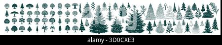 Green Silhouettes of Christmas trees and fruit tree flat cartoon set. A set of different trees. Hand drawn. Not AI, vector illustration. Stock Vector