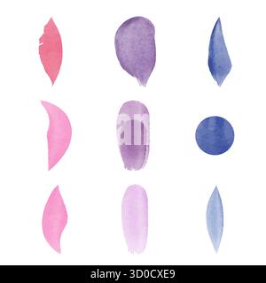 A set of nine watercolor design elements are displayed. These illustrations include petals and brush strokes in different shades of pink, purple, and blue on a white background. Stock Vector