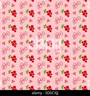 This pattern showcases various line icons of grapes in red and green on a soft pink background. The design is lively, perfect for fabric, wallpaper, or stationery applications. Stock Vector