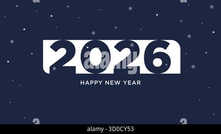 Elegant Happy New Year 2026 design with white numbers on dark blue background and falling snowflakes, vector illustration Stock Vector