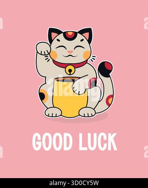 Happy Maneki Neko Cat. Good Luck Card. Vector cartoon illustration. Stock Vector
