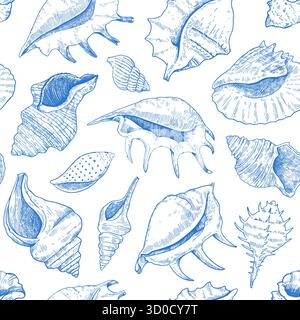 Seamless pattern with shells. Black and white detailed ink illustrations for design. Stock Vector