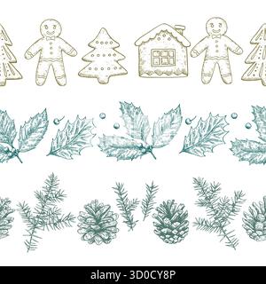 Set of seamless borders with Christmas and New year elements, gingerbread cookies, pine cones and holly leaves. Hand-drawn illustration in vintage old Stock Vector