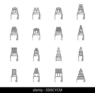 Wire and electric cable line icons set, different types of insulated wires and electrical conductors, isolated on white. Vector black electrical cable shielding, twisting, braiding, insulation layers Stock Vector