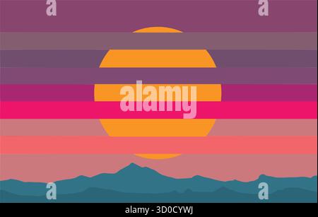 Colorful stripes take the place of clouds in a sunset over  a mountain range in this 3-d illustration. Stock Vector