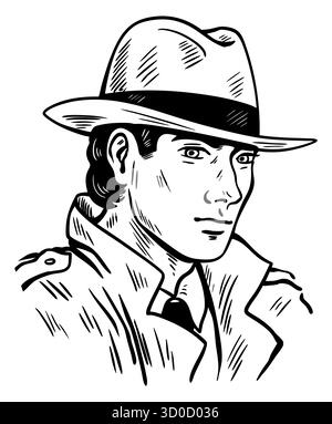 Black and white hand drawn portrait of a male agent in a fedora and trench coat. Vintage noir outline sketch suitable for retro design logo avatar boo Stock Vector