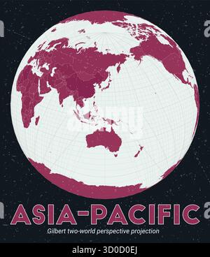 Asia-Pacific. World map. Gilbert two-world perspective projection centered on Asia-Pacific. Pale mint dark pink palette. Vintage texture. Stock Vector