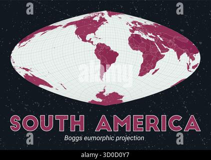 South America. World map. Boggs eumorphic projection centered on South America. Pale mint dark pink palette. Vintage texture. Stock Vector