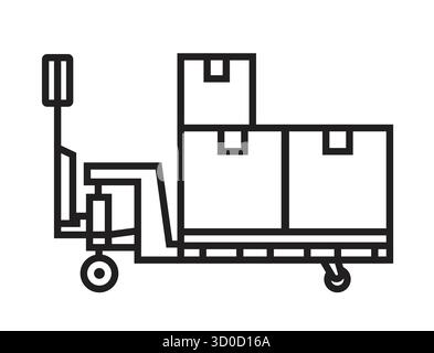Manual pallet jack carrying three cardboard boxes. Simple stroke line design isolated on white background. Logistic, warehouse, cargo. Stock Vector