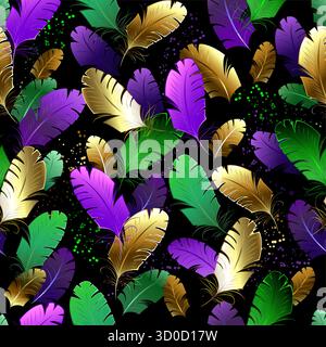 Seamless pattern of bright purple, green, and gold feathers on black Mardi Gras background. Design for the Mardi Gras holiday. Stock Vector