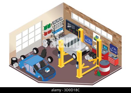 A vector illustration of Isometric Car Repair Shop Stock Vector