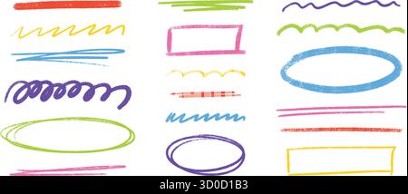 Colorful brush strokes and crayon pencil marks with chalk texture - wavy line patterns, underline elements, frames Stock Vector