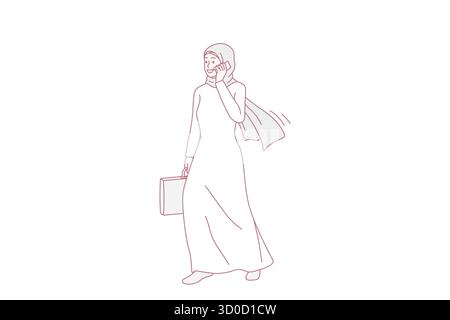 Smiling muslim businesswoman in traditional clothes talk on cellphone with client. Happy Islamic woman worker have business smartphone call. Technology, culture concept. Vector illustration. Stock Vector