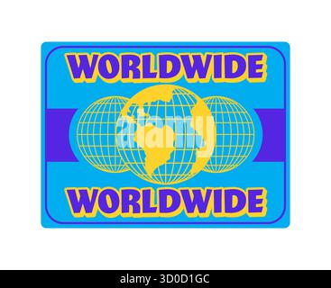 Worldwide company globe Y2K groovy sticker or patch. Planet funky Y2K vector globus patch, Earth mesh sphere sticker. Terrestrial sphere label with purple typography, yellow globe on blue background Stock Vector