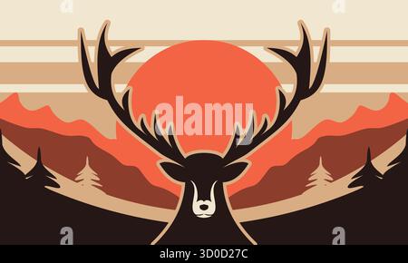 A detailed vector illustration of a majestic stag head combined with mountain and forest background. Perfect for outdoor, wildlife, adventure, and nat Stock Vector