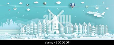 Travel architecture Netherlands landmarks in amsterdam famous city of europe with turquoise background, Travelling Netherlands with panoramic popular Stock Vector