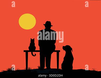 An old man sits on a bench with his dog and cat at sunset. Stock Vector