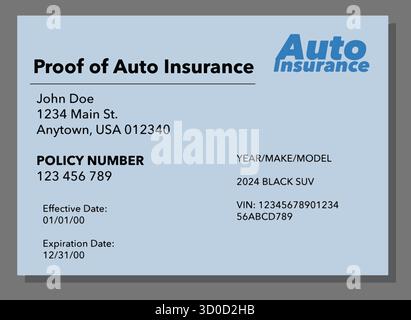 A proof of automobile insurance card that is a mock , generic card is seen in a 3-d illustration. Auto insurance proof. Stock Vector
