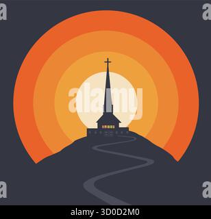 A church steeple is seen in front of a graphic sunset. Stock Vector