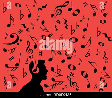 Musical notes are flowing everywhere as a man is seen wearing headphones in a production recording studio in this illustration. Stock Vector
